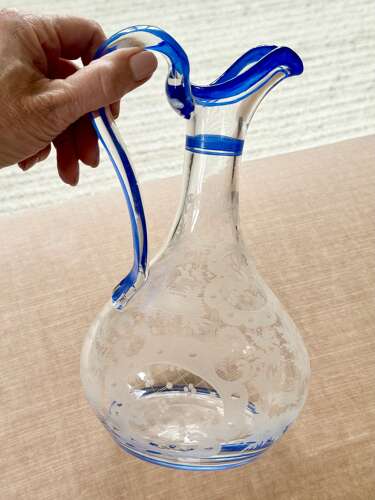 Art Deco Etched Claret Jug With Blue Enamel Rims