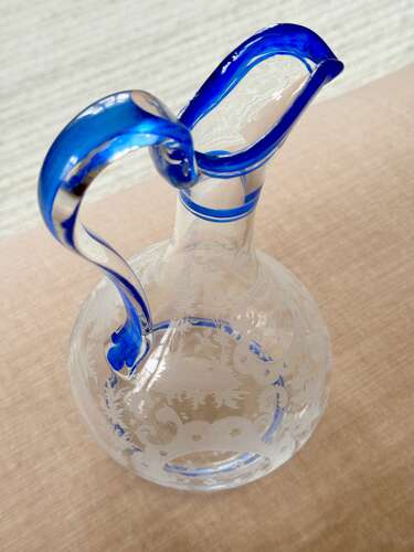 Art Deco Etched Claret Jug With Blue Enamel Rims