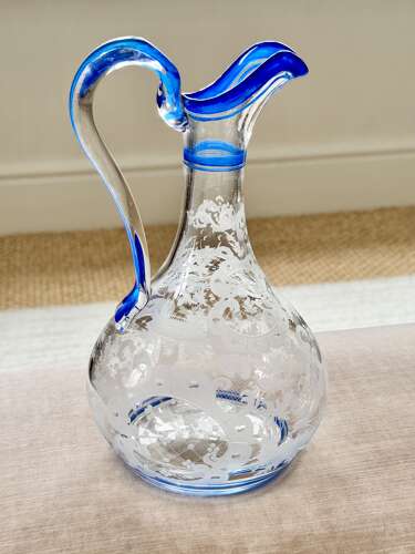 Art Deco Etched Claret Jug With Blue Enamel Rims