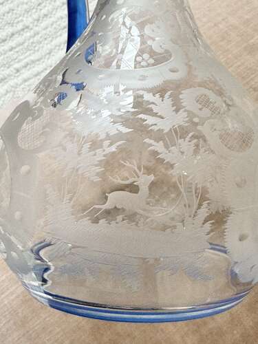 Art Deco Etched Claret Jug With Blue Enamel Rims