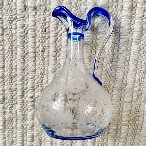 Art Deco Etched Claret Jug With Blue Enamel Rims