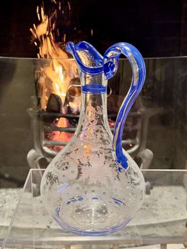Art Deco Etched Claret Jug With Blue Enamel Rims
