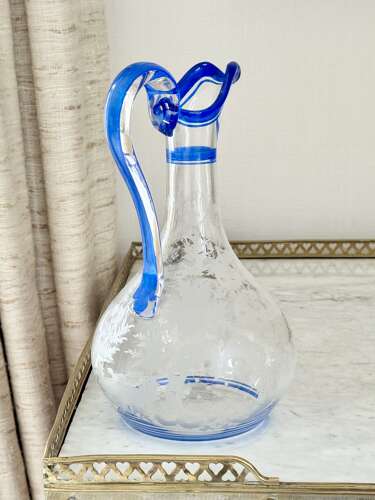 Art Deco Etched Claret Jug With Blue Enamel Rims