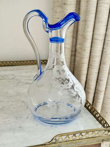 Art Deco Etched Claret Jug With Blue Enamel Rims