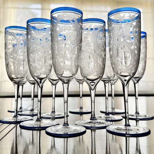 6 Art Deco Etched Champagne Flutes With Blue Enamel Rims