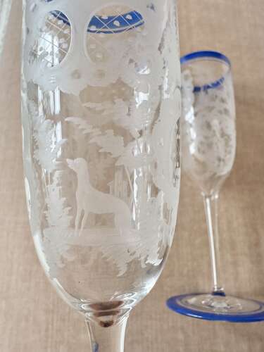 6 Art Deco Etched Champagne Flutes With Blue Enamel Rims