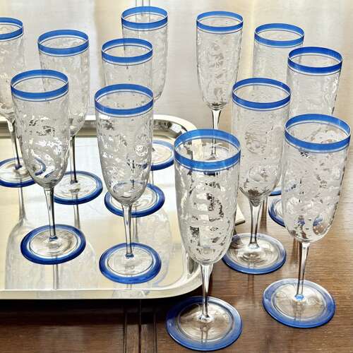6 Art Deco Etched Champagne Flutes With Blue Enamel Rims