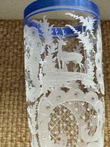 6 Art Deco Etched Champagne Flutes With Blue Enamel Rims
