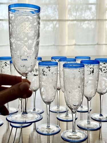 6 Art Deco Etched Champagne Flutes With Blue Enamel Rims