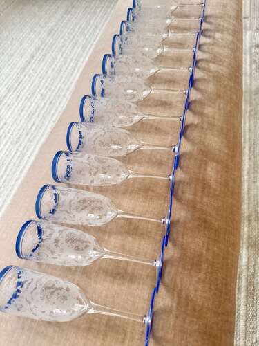6 Art Deco Etched Champagne Flutes With Blue Enamel Rims