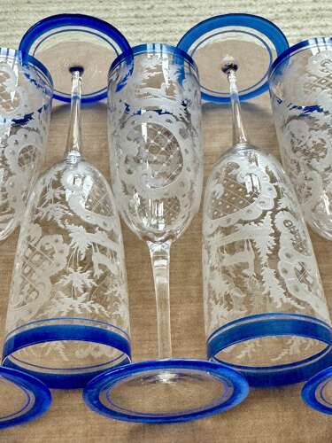6 Art Deco Etched Champagne Flutes With Blue Enamel Rims