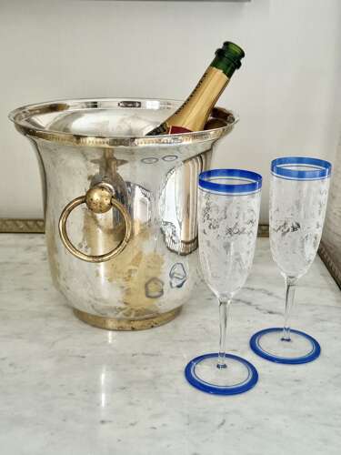 6 Art Deco Etched Champagne Flutes With Blue Enamel Rims