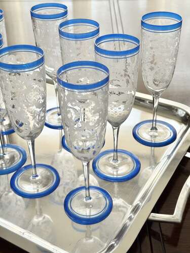 6 Art Deco Etched Champagne Flutes With Blue Enamel Rims