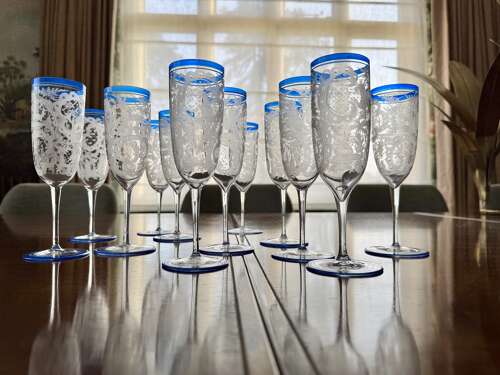 6 Art Deco Etched Champagne Flutes With Blue Enamel Rims