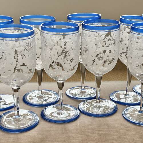 13 Art Deco etched wine glasses with blue enamel rims