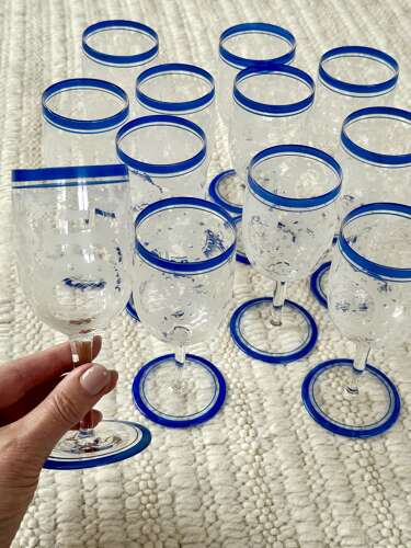 13 Art Deco etched wine glasses with blue enamel rims