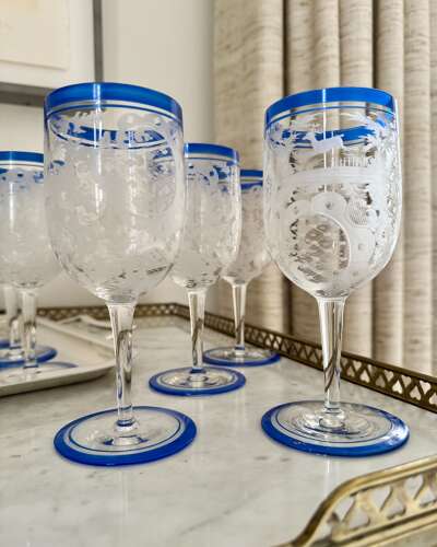 13 Art Deco etched wine glasses with blue enamel rims