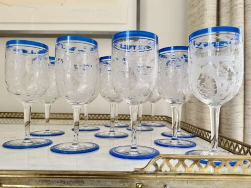 13 Art Deco etched wine glasses with blue enamel rims