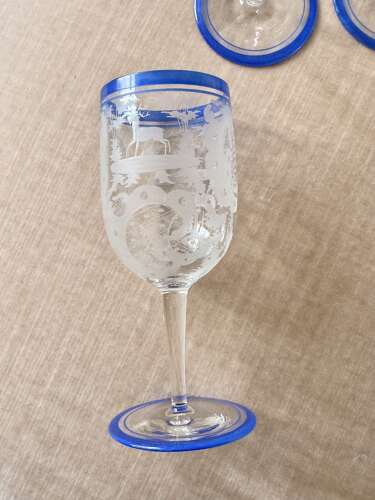 13 Art Deco etched wine glasses with blue enamel rims
