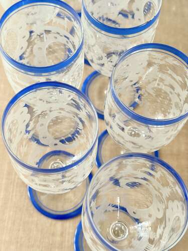 13 Art Deco etched wine glasses with blue enamel rims