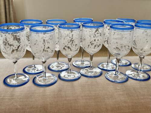 13 Art Deco etched wine glasses with blue enamel rims