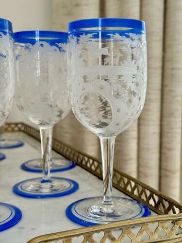 13 Art Deco etched wine glasses with blue enamel rims