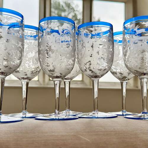 13 Art Deco etched wine glasses with blue enamel rims