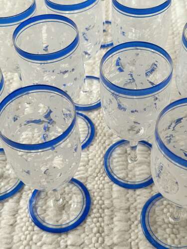 13 Art Deco etched wine glasses with blue enamel rims