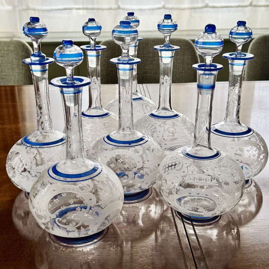 Outstanding set of Art Deco etched glass & enamel claret decanters C1920s