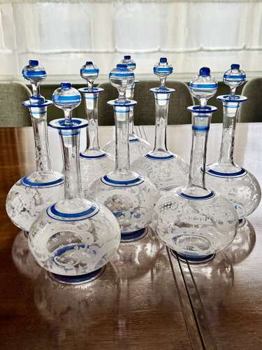 Outstanding set of Art Deco etched glass & enamel claret decanters C1920s