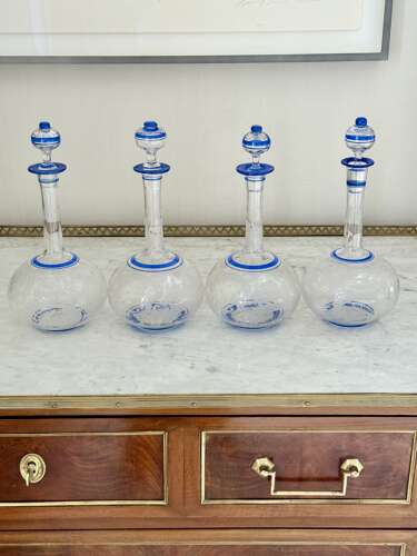 Outstanding set of Art Deco etched glass & enamel claret decanters C1920s