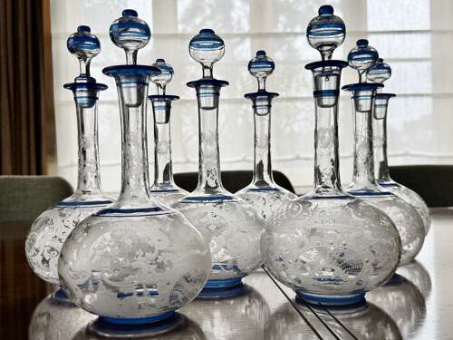 Outstanding set of Art Deco etched glass & enamel claret decanters C1920s