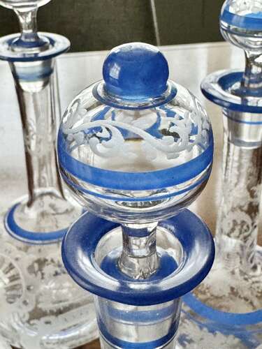 Outstanding set of Art Deco etched glass & enamel claret decanters C1920s