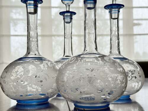 Outstanding set of Art Deco etched glass & enamel claret decanters C1920s