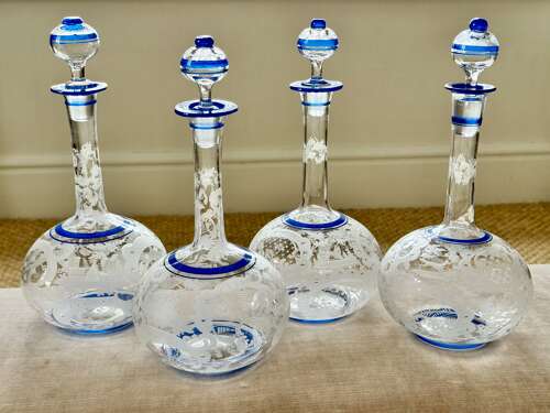 Outstanding set of Art Deco etched glass & enamel claret decanters C1920s