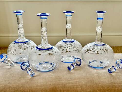 Outstanding set of Art Deco etched glass & enamel claret decanters C1920s