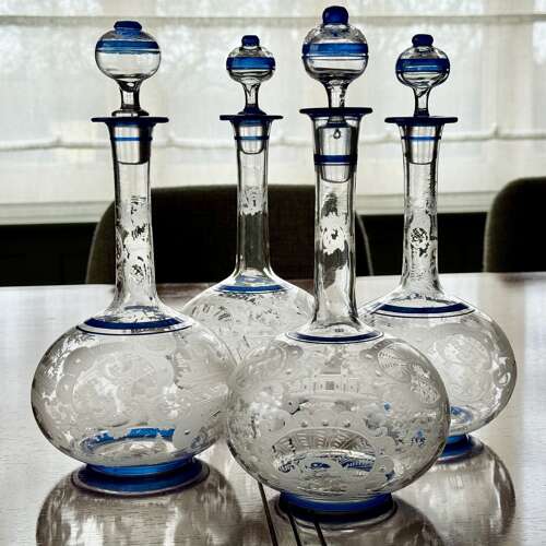 Outstanding set of Art Deco etched glass & enamel claret decanters C1920s