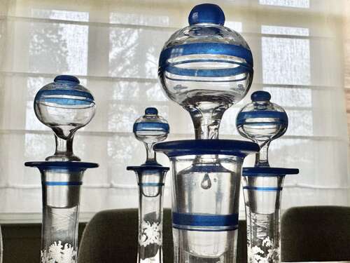 Outstanding set of Art Deco etched glass & enamel claret decanters C1920s