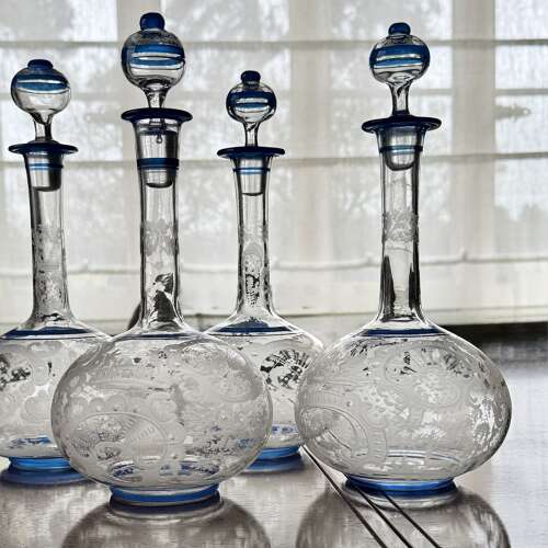 Outstanding set of Art Deco etched glass & enamel claret decanters C1920s