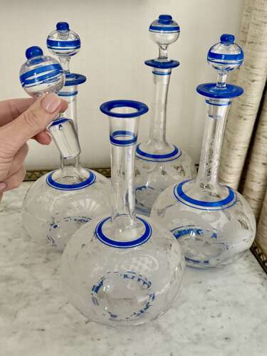 Outstanding set of Art Deco etched glass & enamel claret decanters C1920s