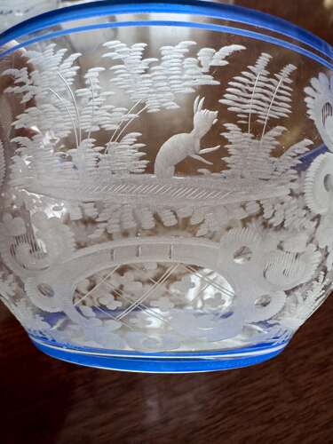 An outstanding set of a ten Art Deco wheel etched glass bowls hand applied blue e