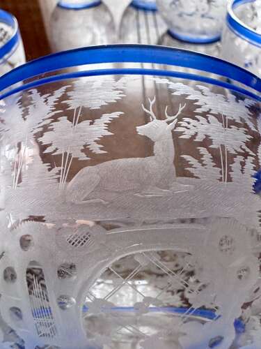 An outstanding set of a ten Art Deco wheel etched glass bowls hand applied blue e