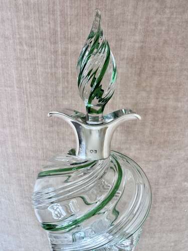 Victorian green spiral Glug decanter with silver collar Hallmark 1900