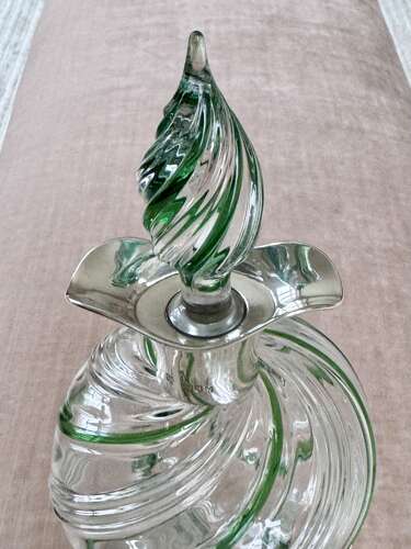 Victorian green spiral Glug decanter with silver collar Hallmark 1900