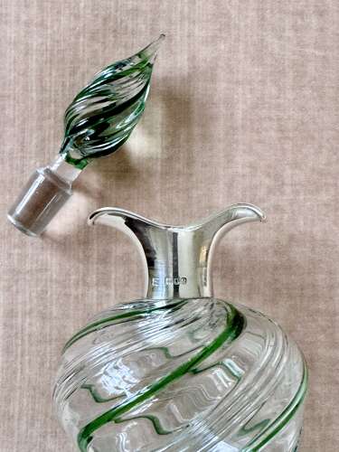 Victorian green spiral Glug decanter with silver collar Hallmark 1900