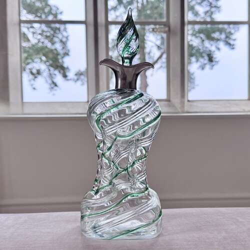 Victorian green spiral Glug decanter with silver collar Hallmark 1900