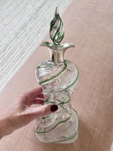 Victorian green spiral Glug decanter with silver collar Hallmark 1900