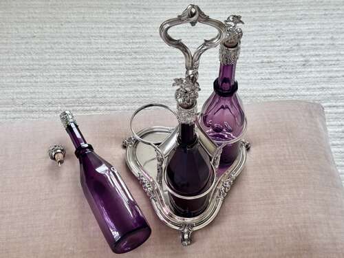 Early Victorian Triple amethyst decanters and silver plated stand dated 1839