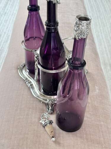 Early Victorian Triple amethyst decanters and silver plated stand dated 1839