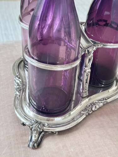 Early Victorian Triple amethyst decanters and silver plated stand dated 1839